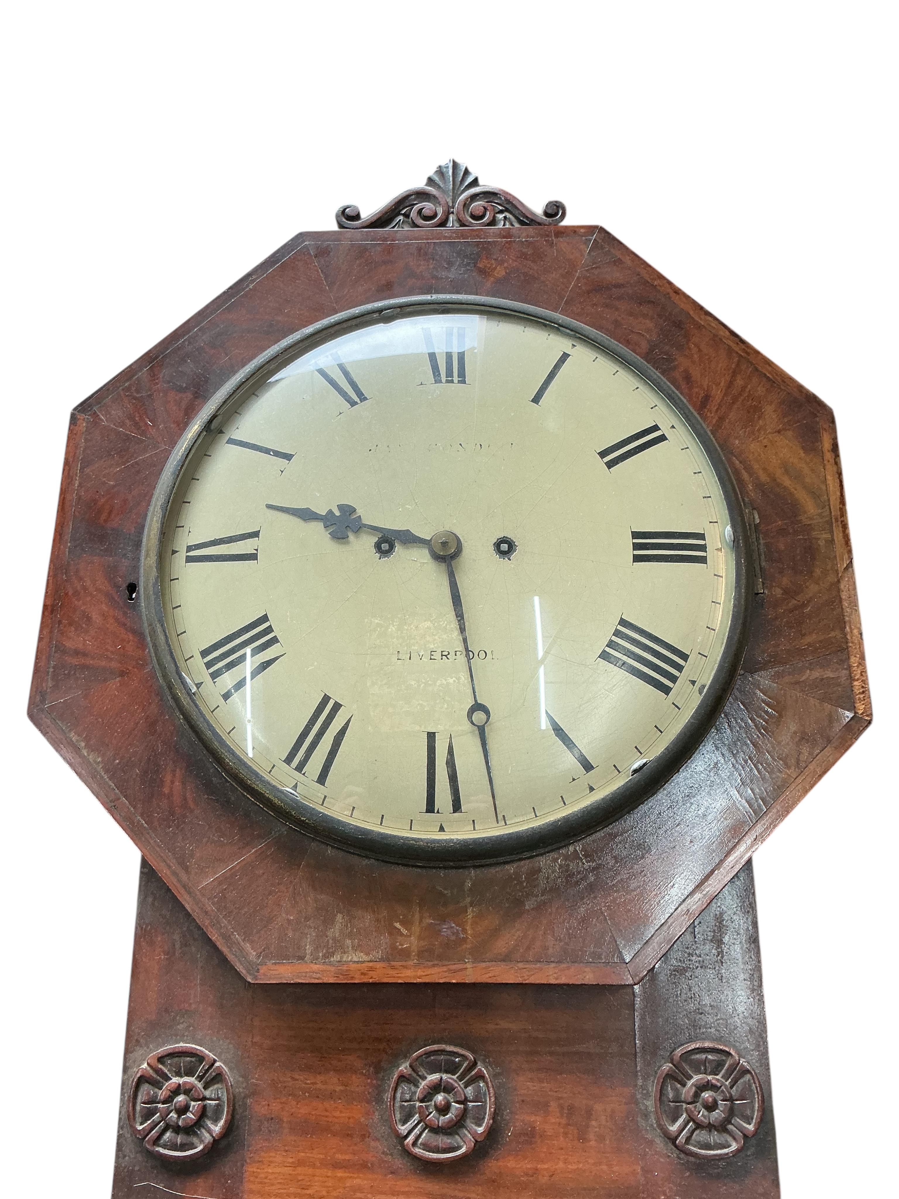 An early Victorian mahogany drop dial twin fusee wall timepiece, height 80cm